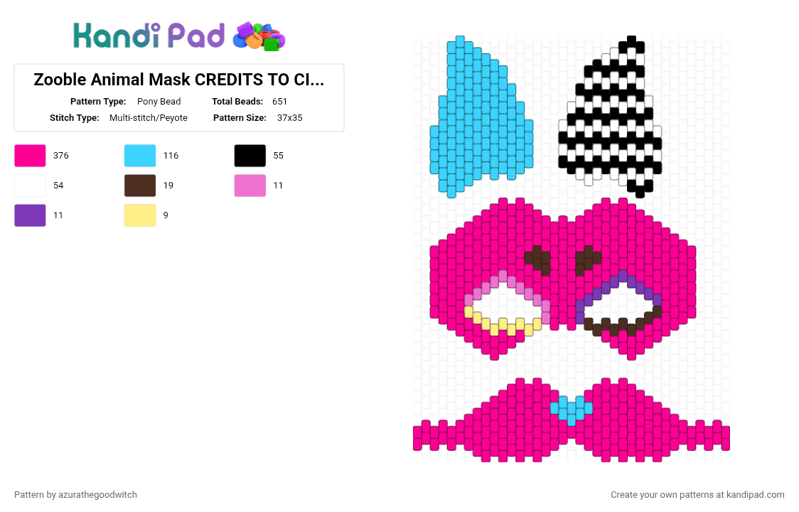 Zooble Animal Mask CREDITS TO CIRCUS KANDI - Pony Bead Pattern by azurathegoodwitch on Kandi Pad - pink,light blue