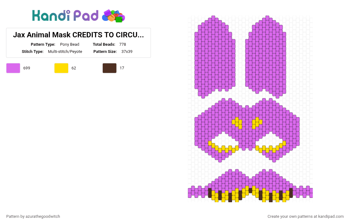 Jax Animal Mask CREDITS TO CIRCUS KANDI - Pony Bead Pattern by azurathegoodwitch on Kandi Pad - pink
