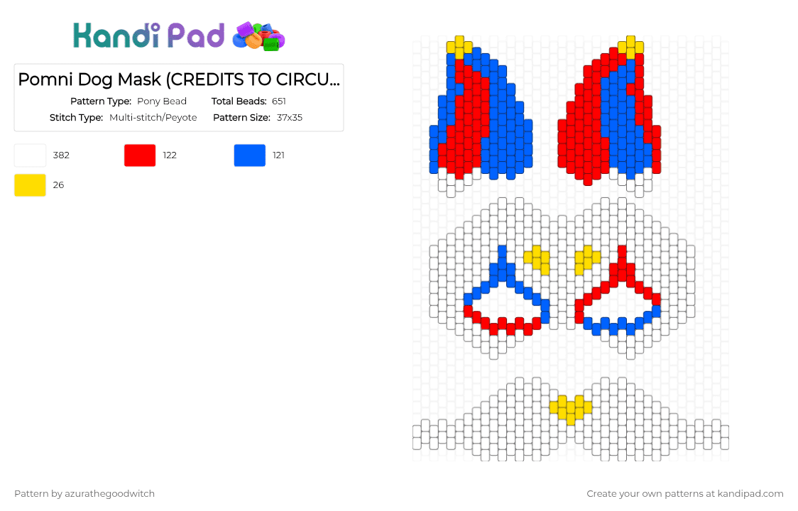 Pomni Dog Mask (CREDITS TO CIRCUS KANDI!) - Pony Bead Pattern by azurathegoodwitch on Kandi Pad - white,blue,red