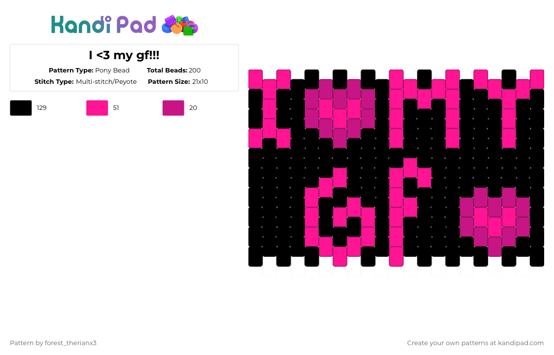 I ❤️ my gf!!! - Pony Bead Pattern by forest_therianx3 on Kandi Pad - pink,black