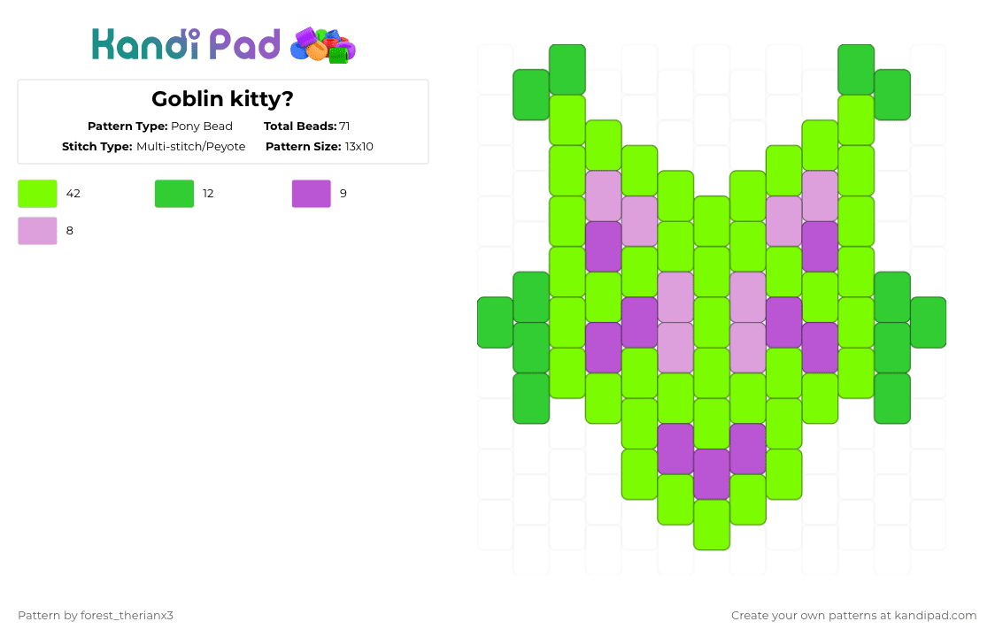 Goblin kitty? - Pony Bead Pattern by forest_therianx3 on Kandi Pad - green,cotdgoblins,goblin,cat,fantasy,purple,colorful