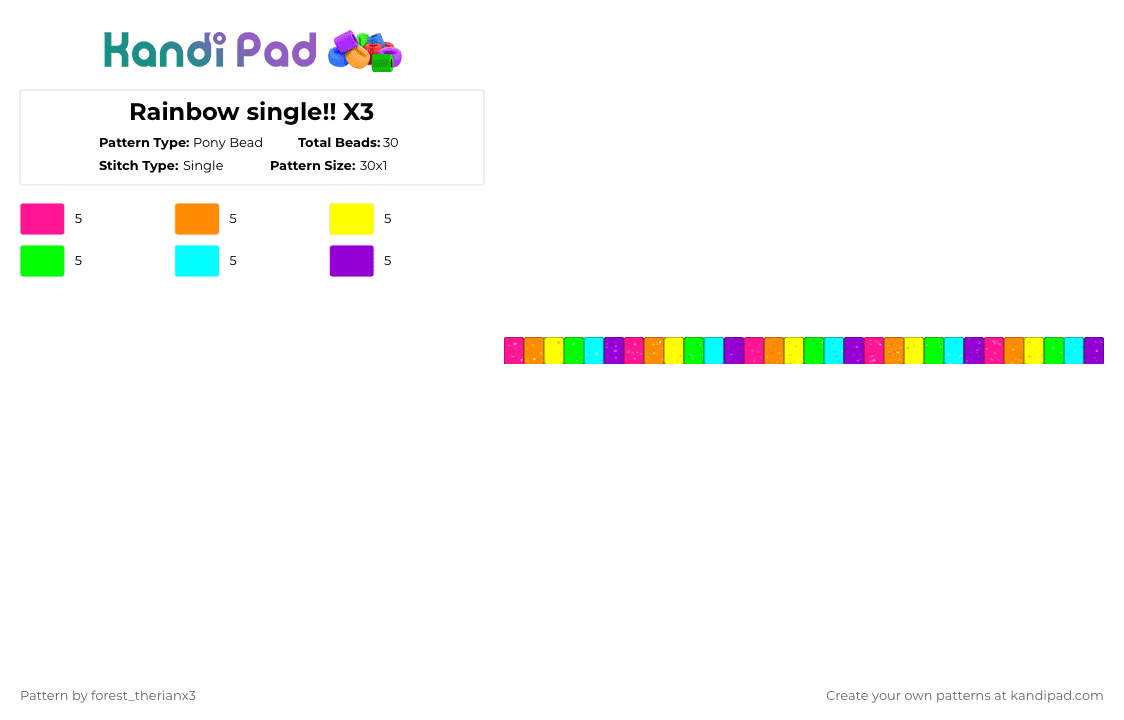 Rainbow single!! X3 - Pony Bead Pattern by forest_therianx3 on Kandi Pad - orange,green,purple,colorful,rainbow,silly,scene,therian,antizoo