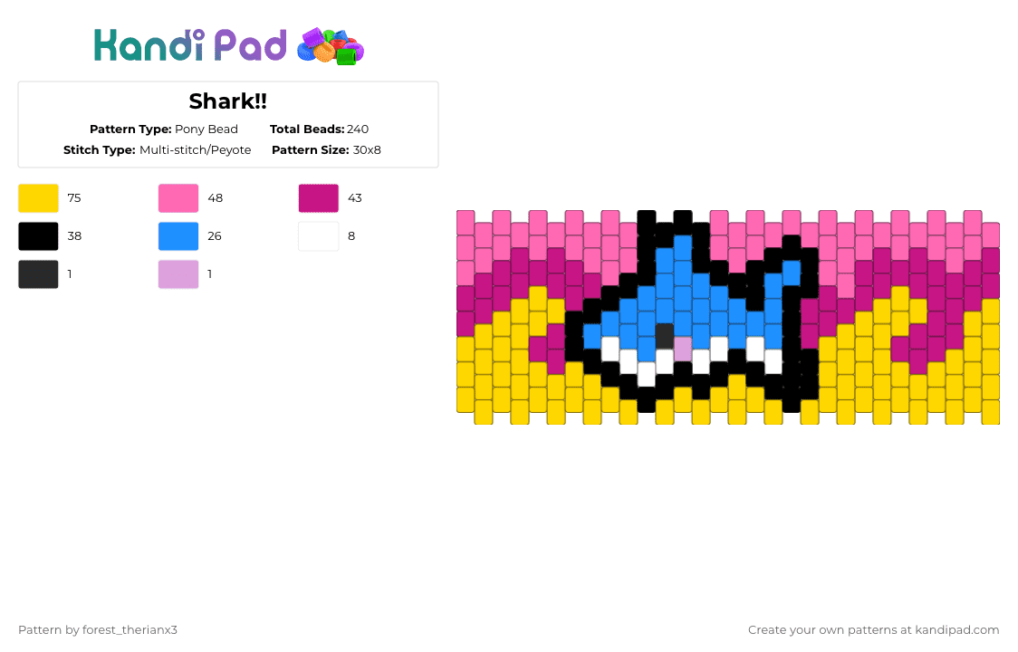 Shark!! - Pony Bead Pattern by forest_therianx3 on Kandi Pad - yellow,pink,shark,silly,cute