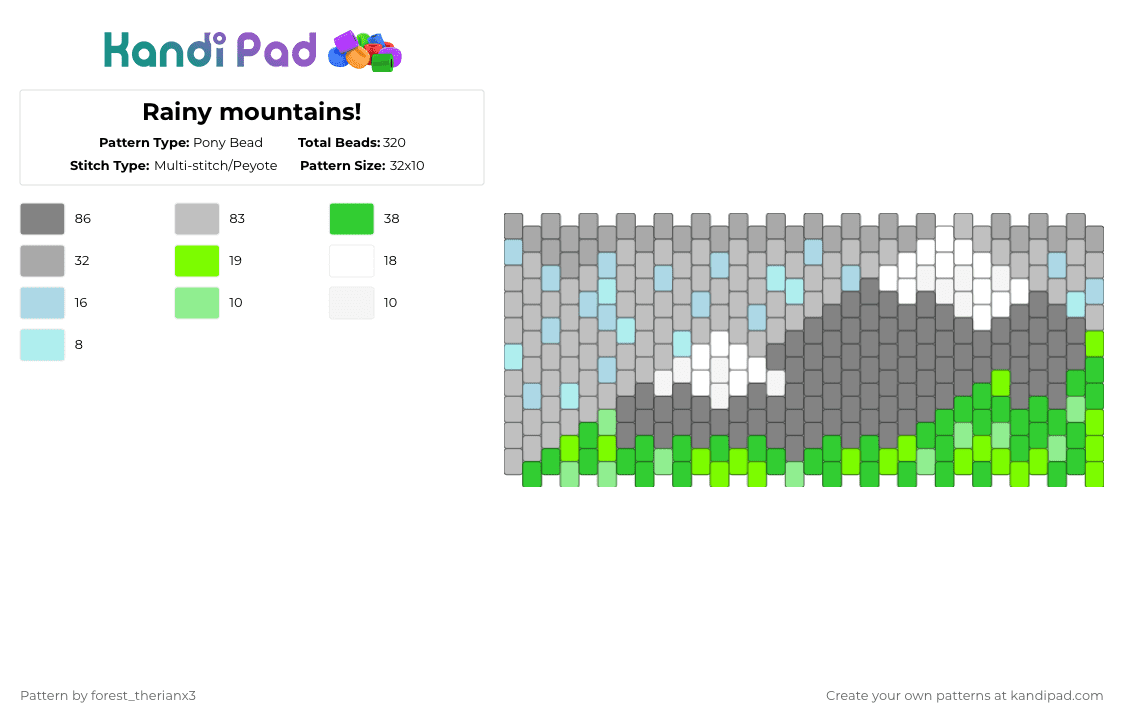Rainy mountains! - Pony Bead Pattern by forest_therianx3 on Kandi Pad - mountains,landscape,cuff,nature,pride,beige,gray,green,rainforest,rain,cloudy,thunder,therian
