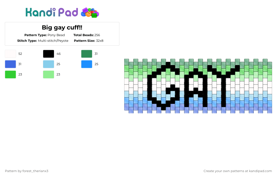Big gay cuff!! - Pony Bead Pattern by forest_therianx3 on Kandi Pad - green,light blue,lgbtqia,gay,mlm,valid,awsum