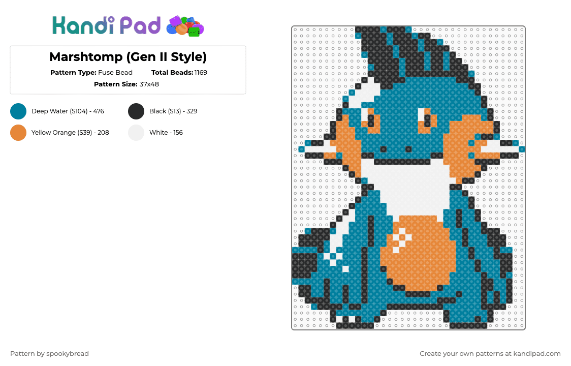 Marshtomp (Gen II Style) - Fuse Bead Pattern by spookybread on Kandi Pad - teal,orange,pokemon,marshtomp,hoenn,gba,simple,blue,mudkip