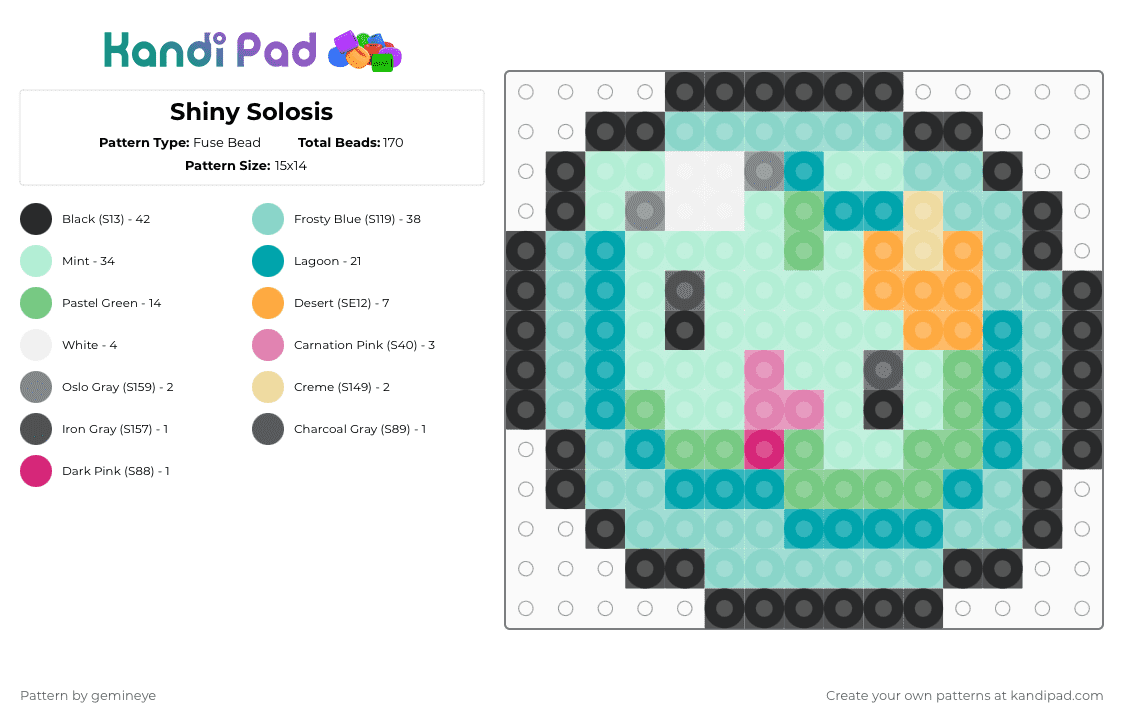 Shiny Solosis - Fuse Bead Pattern by gemineye on Kandi Pad - light blue,teal,pokemon,shiny,solosis