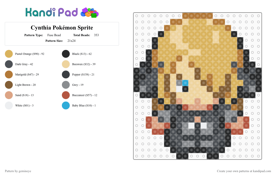 Cynthia Pokémon Sprite - Fuse Bead Pattern by gemineye on Kandi Pad - tan,orange,gray,beige,pokemon,pokemon trainer,pokemon sprite,sprite,box sprite,anime,cartoon,cynthia