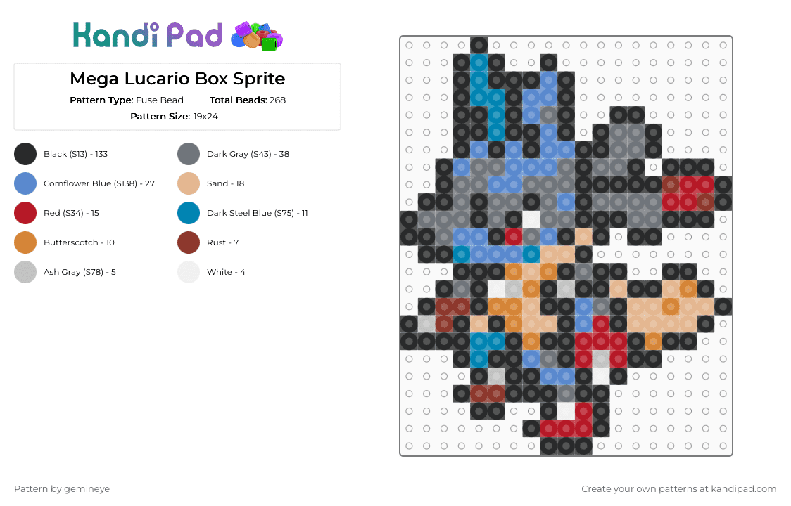 Mega Lucario Box Sprite - Fuse Bead Pattern by gemineye on Kandi Pad - anime, black, box sprite, cartoon, colorful, gray, lucario, mega, mega lucario, mega pokemon, pokemon, red