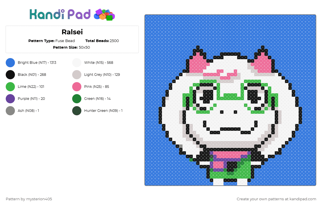 Ralsei - Fuse Bead Pattern by mysterion405 on Kandi Pad - blue