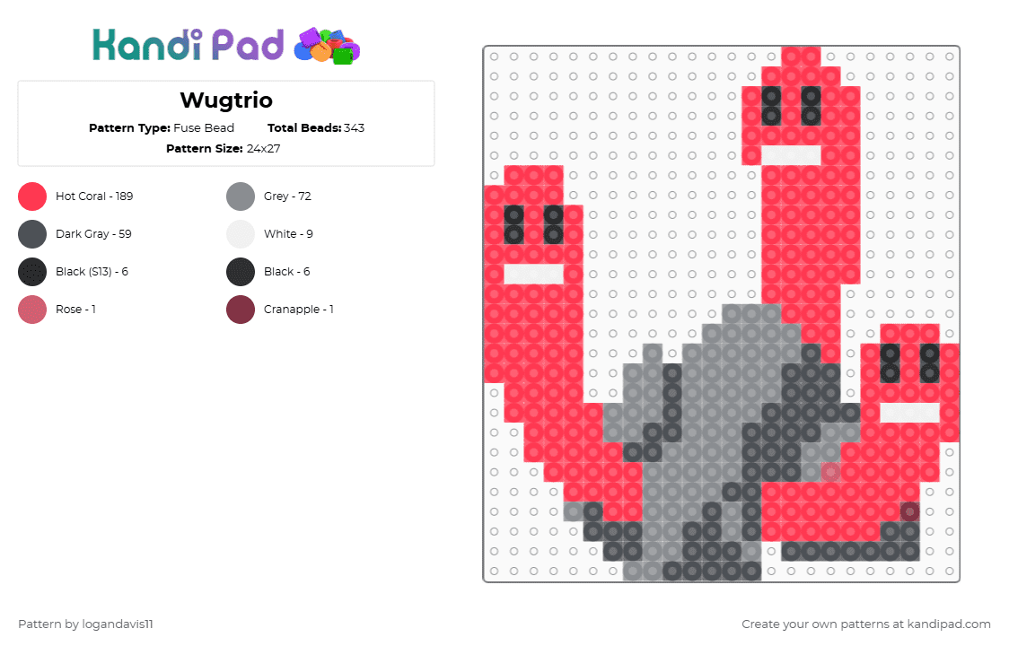 Wugtrio - Fuse Bead Pattern by logandavis11 on Kandi Pad - red,gray,pokemon
