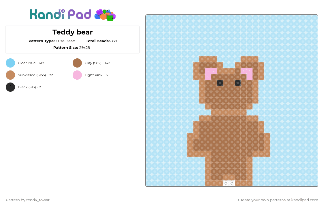 Teddy bear - Fuse Bead Pattern by teddy_rowar on Kandi Pad - light blue