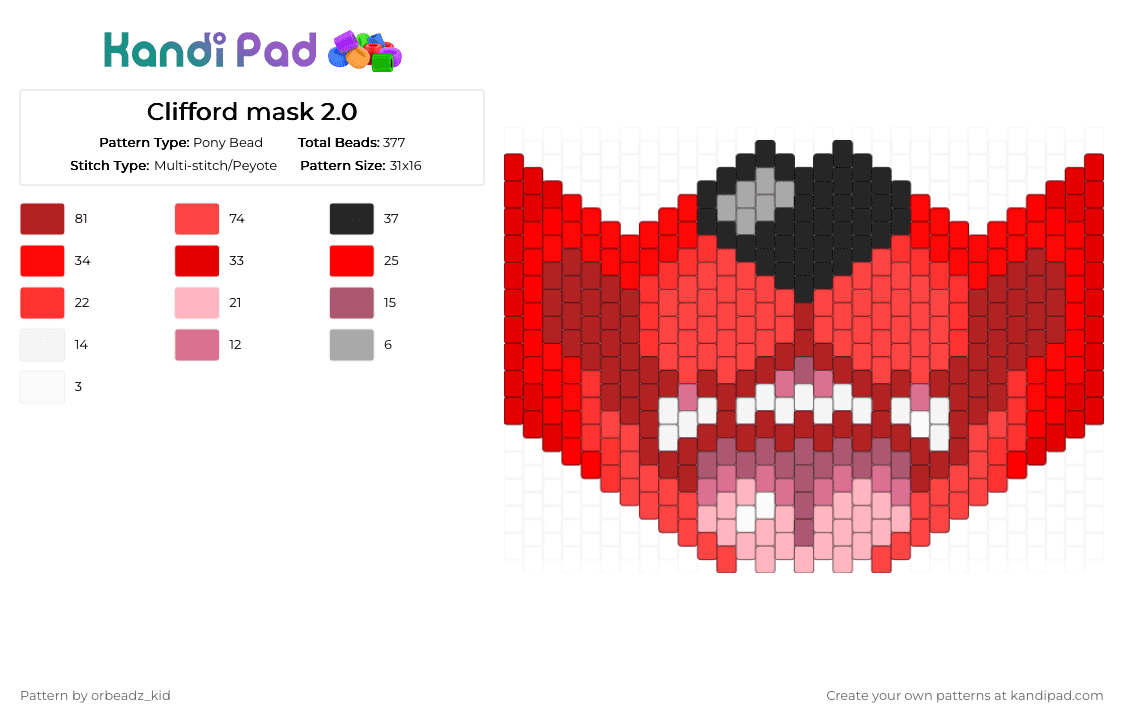Clifford mask 2.0 - Pony Bead Pattern by orbeadz_kid on Kandi Pad - red
