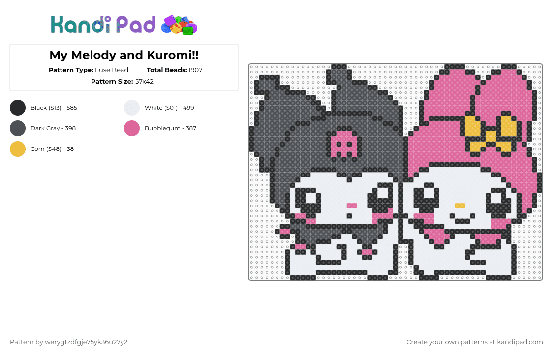 My Melody and Kuromi!! - Fuse Bead Pattern by werygtzdfgje75yk36u27y2 on Kandi Pad - pink,gray