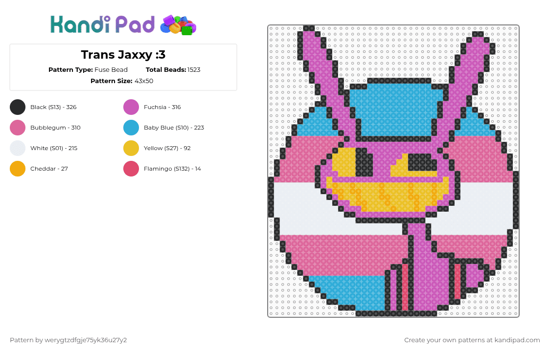 Trans Jaxxy :3 - Fuse Bead Pattern by werygtzdfgje75yk36u27y2 on Kandi Pad - pink,light blue,the amazing digital circus,jax,trans,transmasc