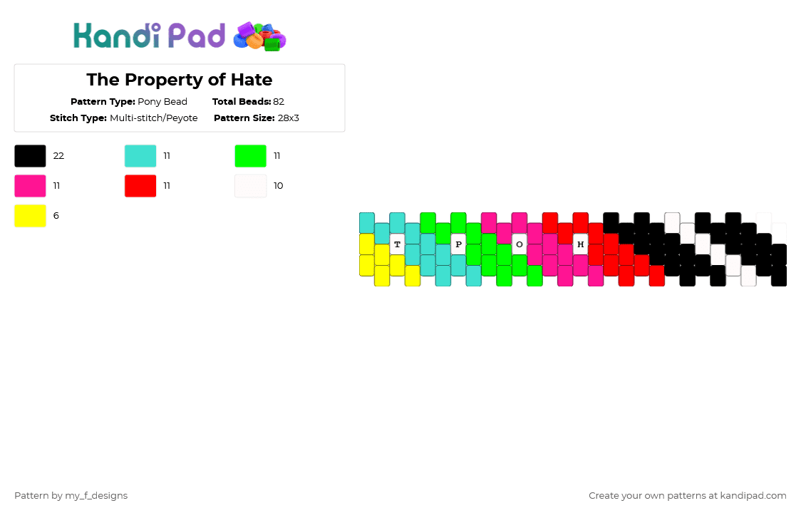 The Property of Hate - Pony Bead Pattern by my_f_designs on Kandi Pad - light blue,green,pink,red