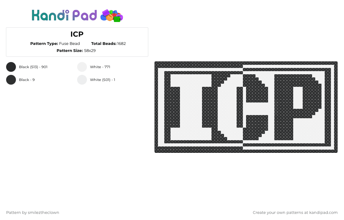 ICP - Fuse Bead Pattern by smileztheclown on Kandi Pad - insane clown posse,carnival of carnage,clown,music,band,black,white,icp,insaneclownposse,juggalo