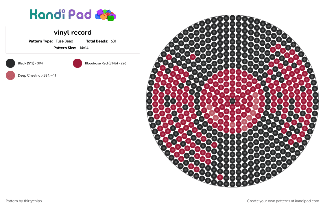 vinyl record - Fuse Bead Pattern by thirtychips on Kandi Pad - black, red