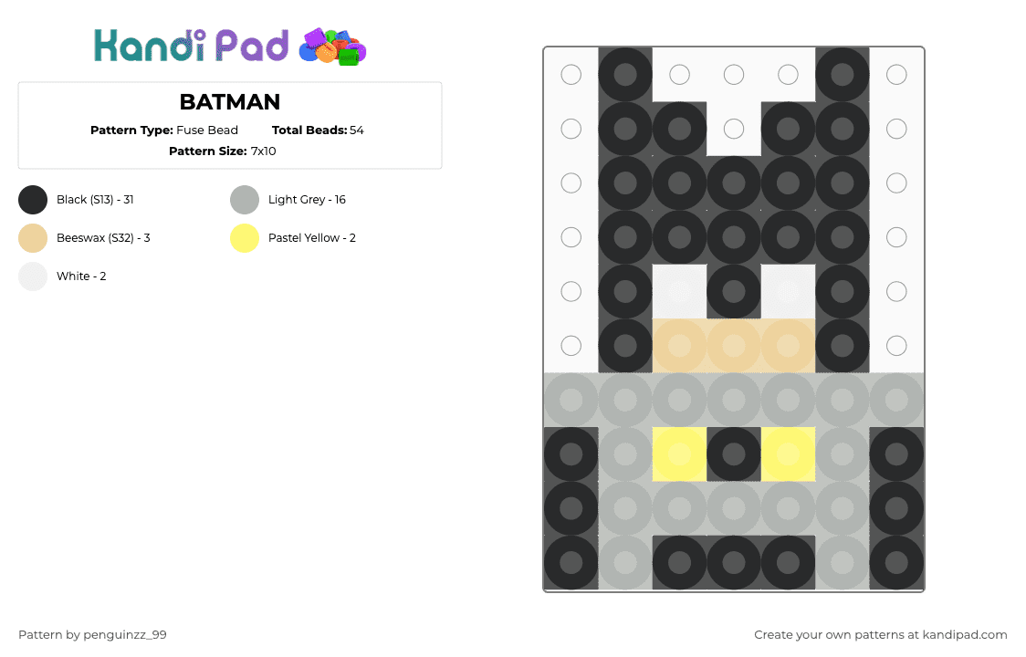 BATMAN - Fuse Bead Pattern by penguinzz_99 on Kandi Pad - batman,simple,charm,superhero,comic,dc comics,movie,black,beige,cool,easy