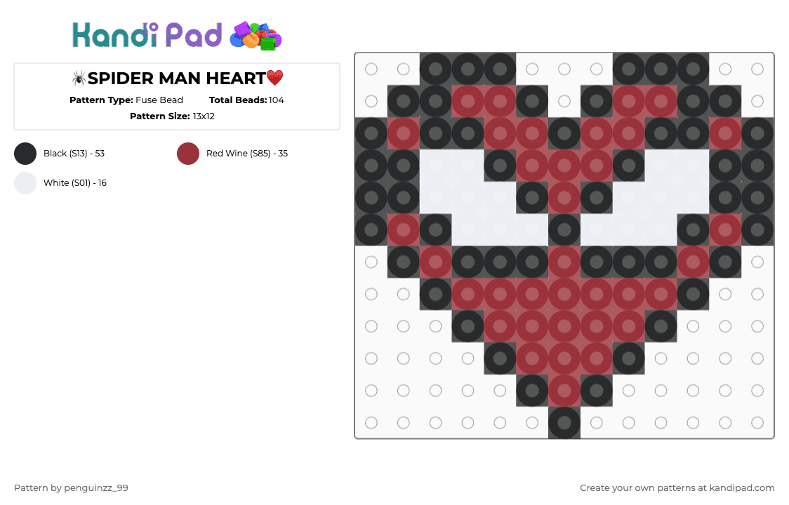 🕷️SPIDER MAN HEART♥️ - Fuse Bead Pattern by penguinzz_99 on Kandi Pad - red,white,spiderman,heart,marvel,superhero