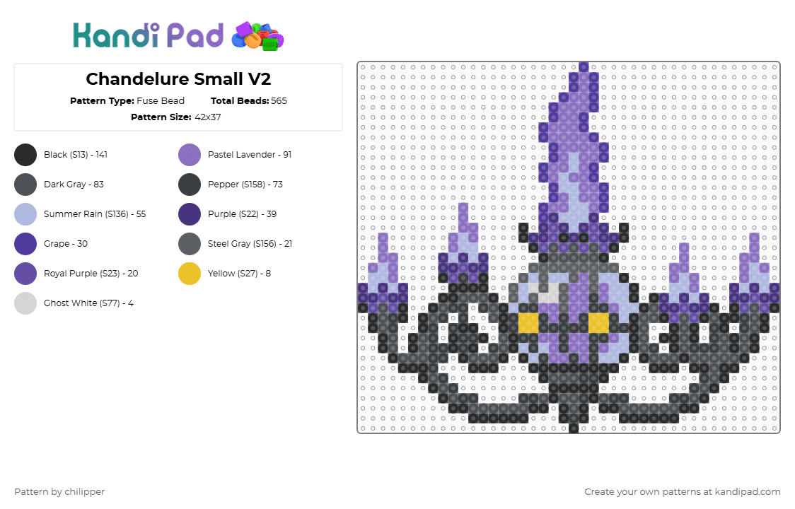 Chandelure Small V2 - Fuse Bead Pattern by chilipper on Kandi Pad - blue,gray,purple,chandelure,pokemon,pkmn,small,mini