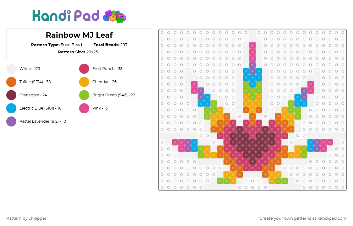 Rainbow MJ Leaf - Fuse Bead Pattern by chilipper on Kandi Pad - pink,orange,420,rainbow,marijuana,leaf,weed,smoke