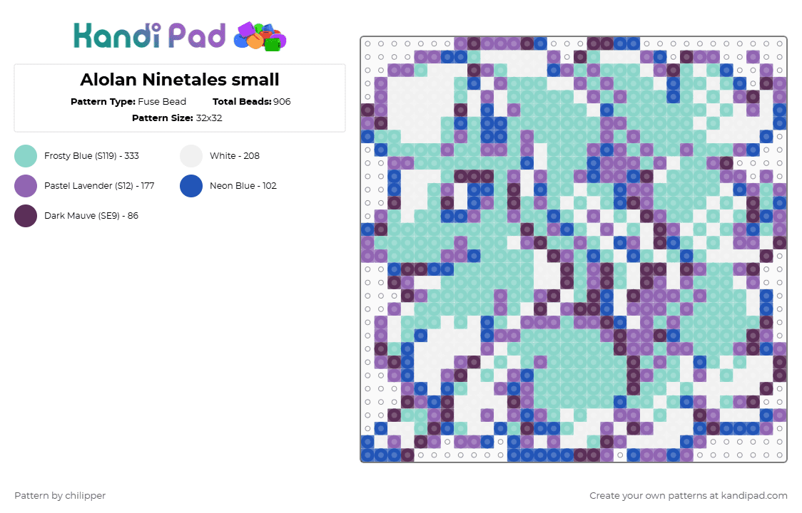 Alolan Ninetales small - Fuse Bead Pattern by chilipper on Kandi Pad - pink,light blue,alolan ninetales,ninetails,pokemon,pkmn,small,mini,chibi
