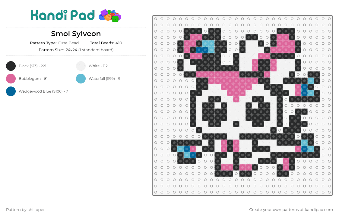 Smol Sylveon - Fuse Bead Pattern by chilipper on Kandi Pad - sylveon,pokemon,fairy type,enchanting,ribbon,pastel,playful,magical,creature,pink,white