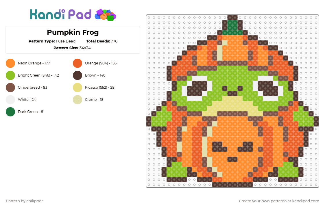 Pumpkin Frog - Fuse Bead Pattern by chilipper on Kandi Pad - frog,costume,animal,amphibian,autumn,spooky,halloween,holiday,brown,orange,green,pumpkin,cute