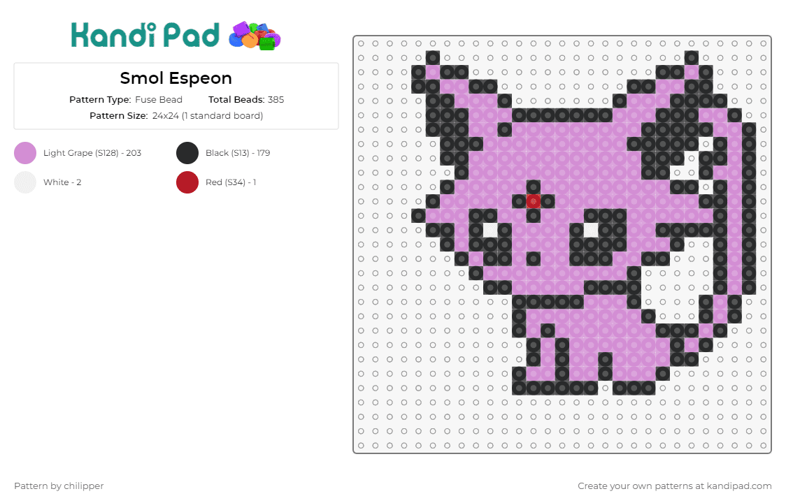 Smol Espeon - Fuse Bead Pattern by chilipper on Kandi Pad - espeon,pokemon,eevee,psychic,evolution,character,anime,charm,pink