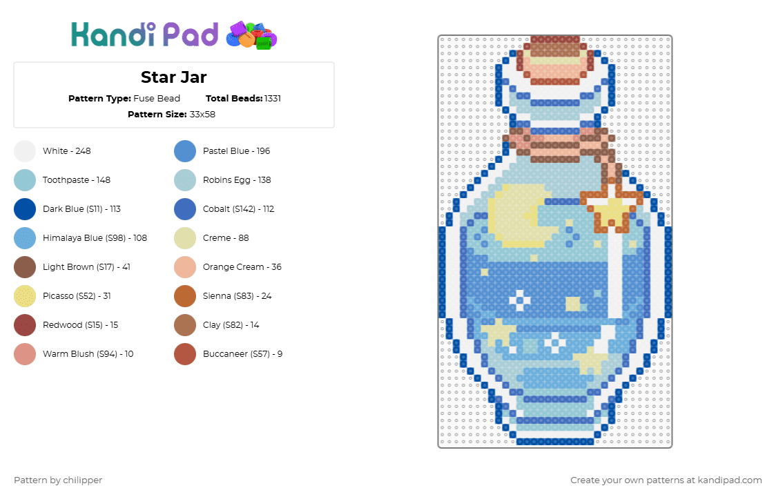 Star Jar - Fuse Bead Pattern by chilipper on Kandi Pad - blue,light blue,star,jar,pastel,moon,cute