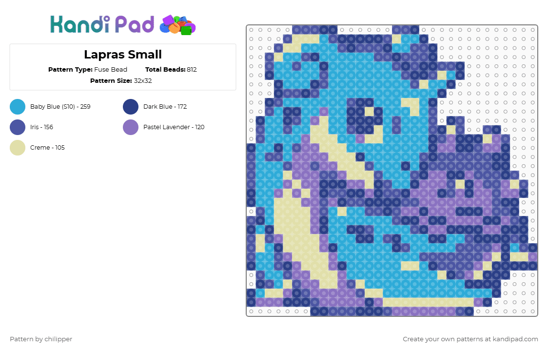 Lapras Small - Fuse Bead Pattern by chilipper on Kandi Pad - blue,light blue,lapras,pokemon,pkmn,small,mini,chibi