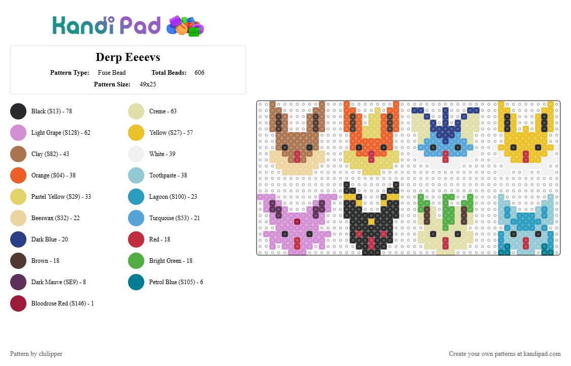 Derp Eeeevs - Fuse Bead Pattern by chilipper on Kandi Pad - yellow,orange,pink,colorful,eevee,flareon,vaporeon,jolteon,espeon,umbreon,leafeon,glaceon