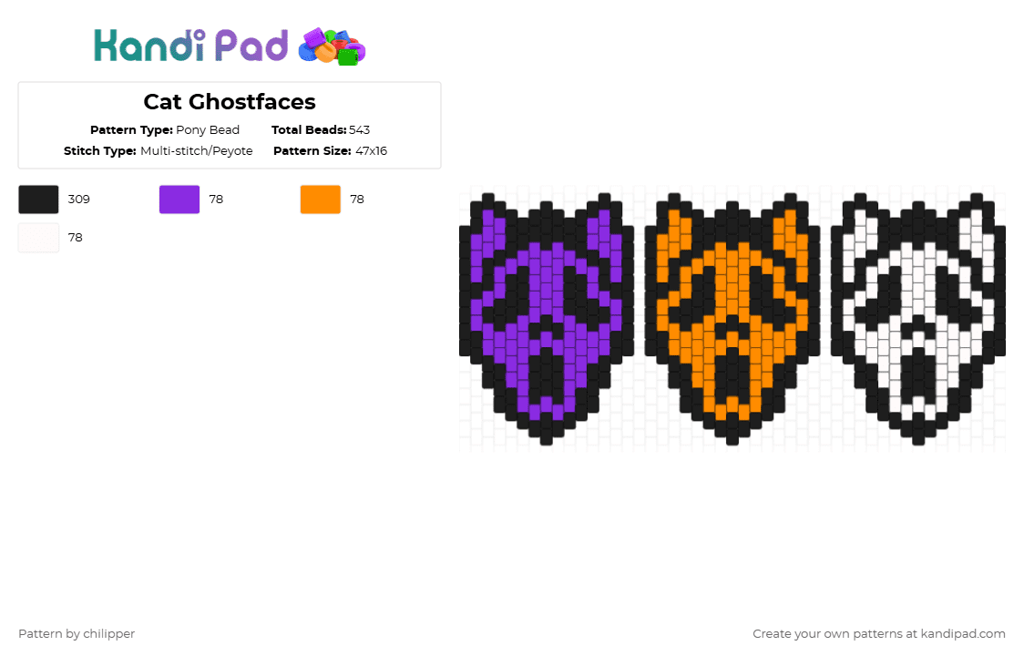 Cat Ghostfaces - Pony Bead Pattern by chilipper on Kandi Pad - black,purple,orange,cat,ghostface,ghost,face,scream,halloween,scary