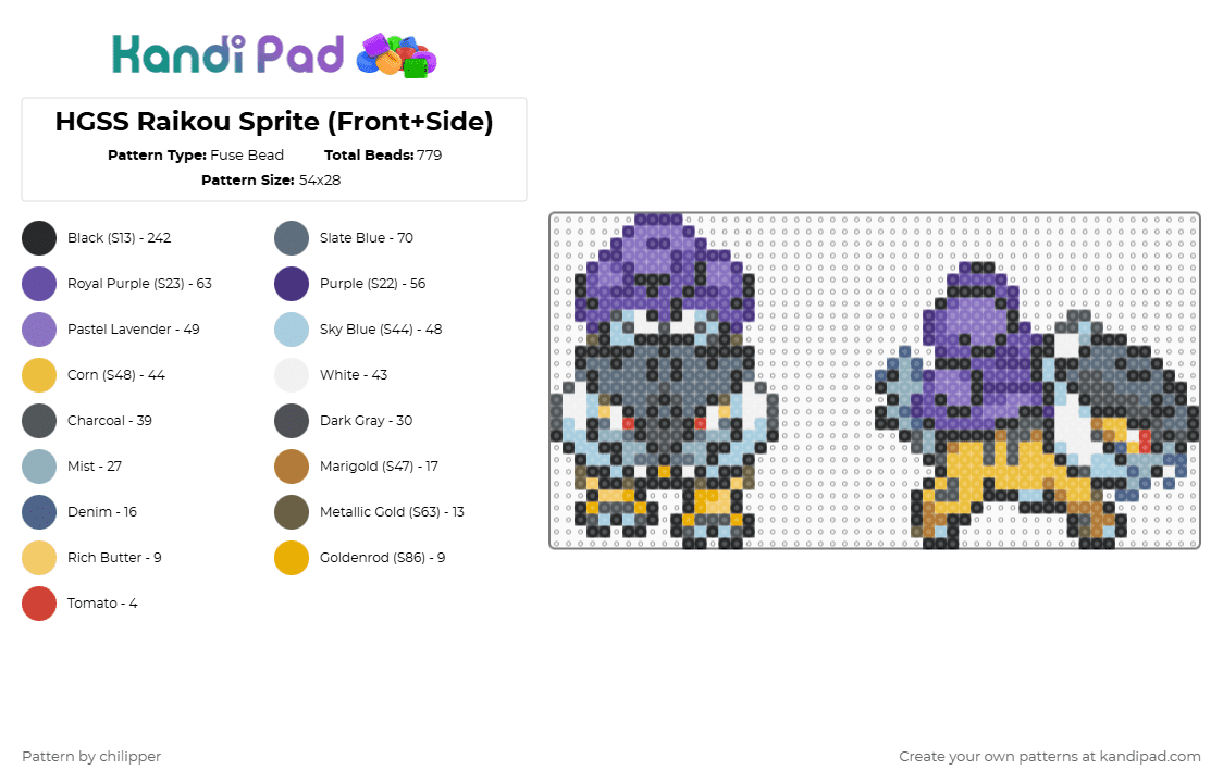 HGSS Raikou Sprite (Front+Side) - Fuse Bead Pattern by chilipper on Kandi Pad - purple,gray,light blue,colorful,raikou,pokemon,pkmn,hgss,heartgold,soulsilver