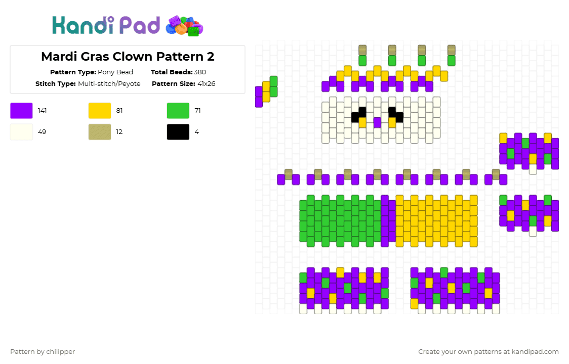 Mardi Gras Clown Pattern 2 - Pony Bead Pattern by chilipper on Kandi Pad - purple,yellow,clown,3d,pattern,mardi gras,mardi,gras,new orleans
