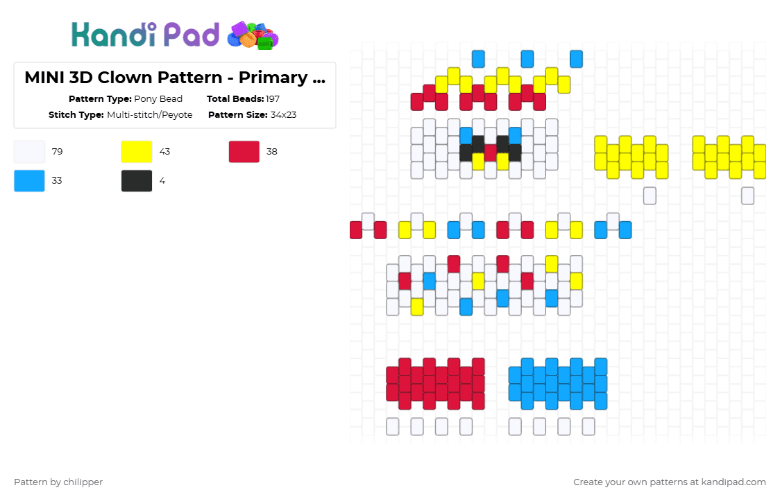 MINI 3D Clown Pattern - Primary Colors - Pony Bead Pattern by chilipper on Kandi Pad - red,yellow,3d,mini,clown,primary,blue