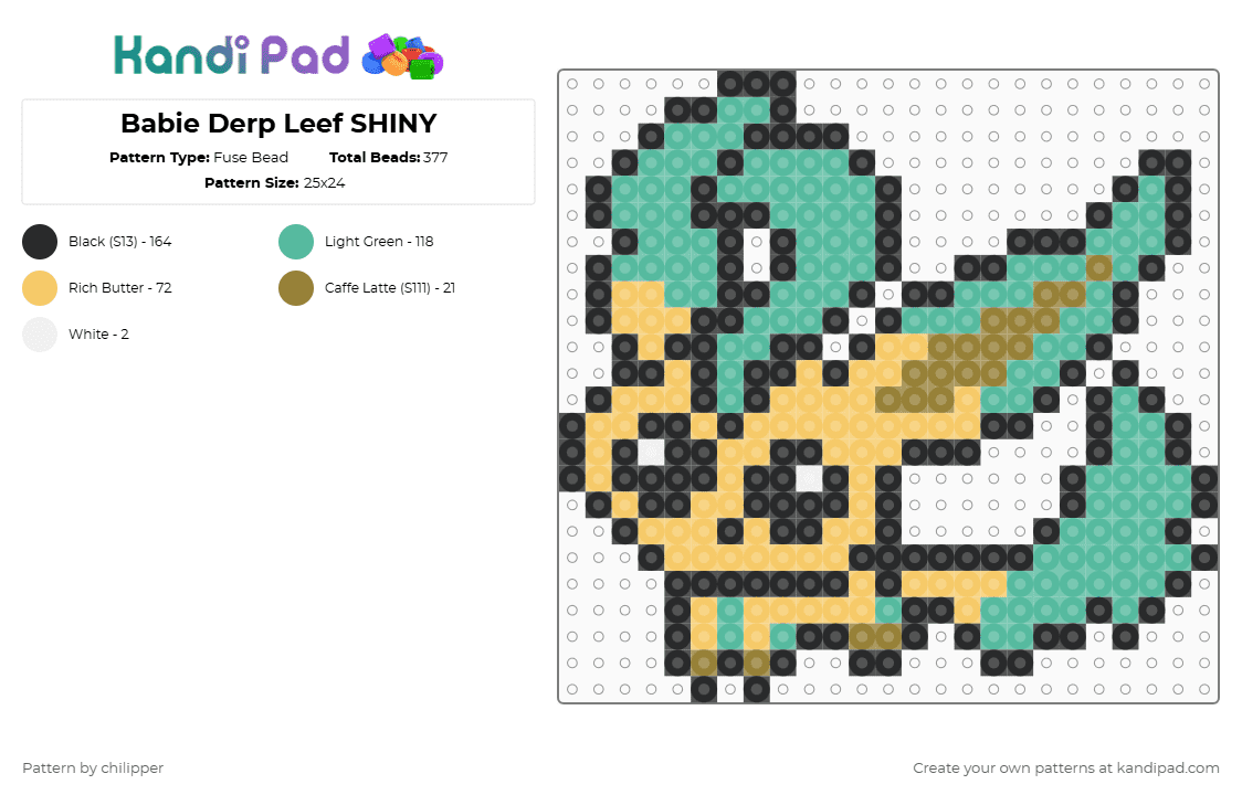 Babie Derp Leef SHINY - Fuse Bead Pattern by chilipper on Kandi Pad - yellow,teal,derp,chibi,babie,baby,pokemon,pkmn,leafeon