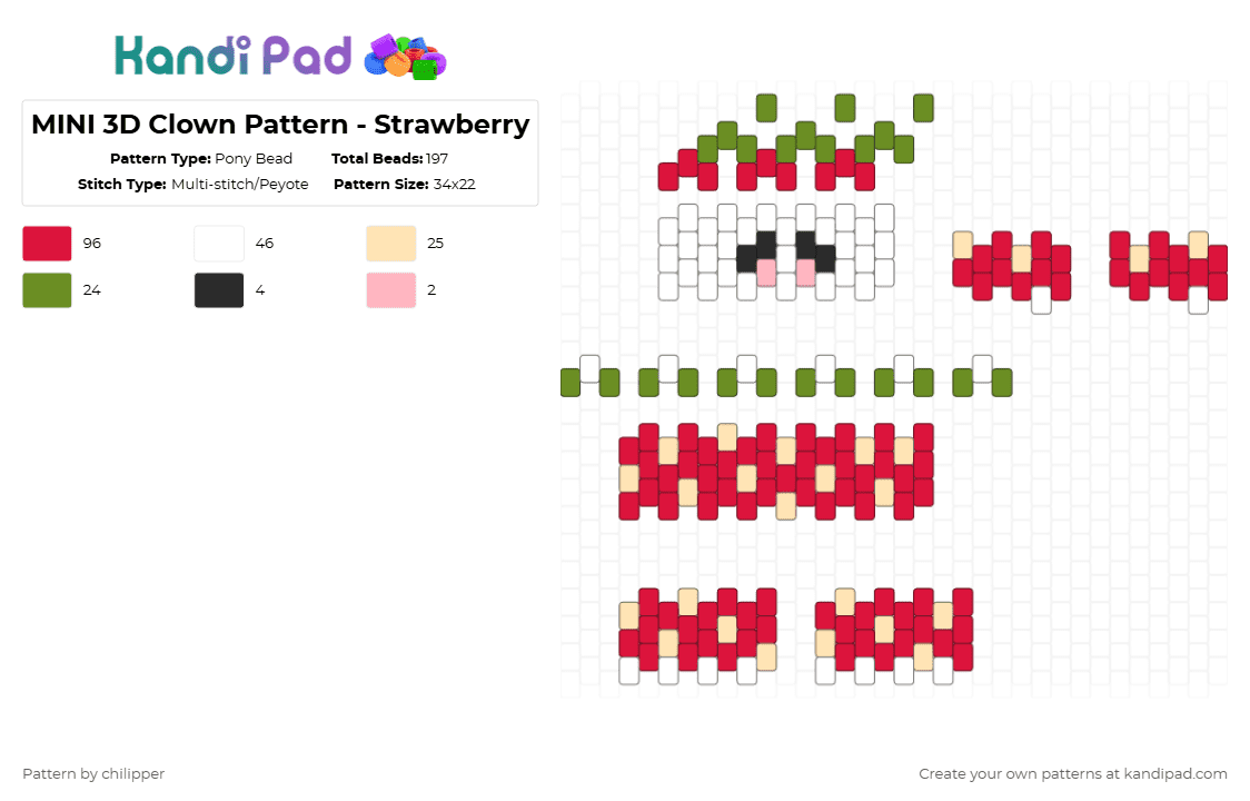 MINI 3D Clown Pattern - Strawberry - Pony Bead Pattern by chilipper on Kandi Pad - red,3d,mini,clown,strawberry,pattern,berry,fruit