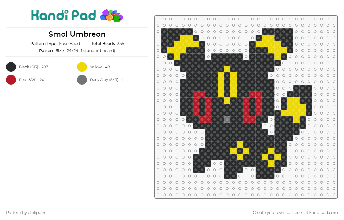 Smol Umbreon - Fuse Bead Pattern by chilipper on Kandi Pad - umbreon,pokemon,eevee,evolution,character,anime,black,yellow