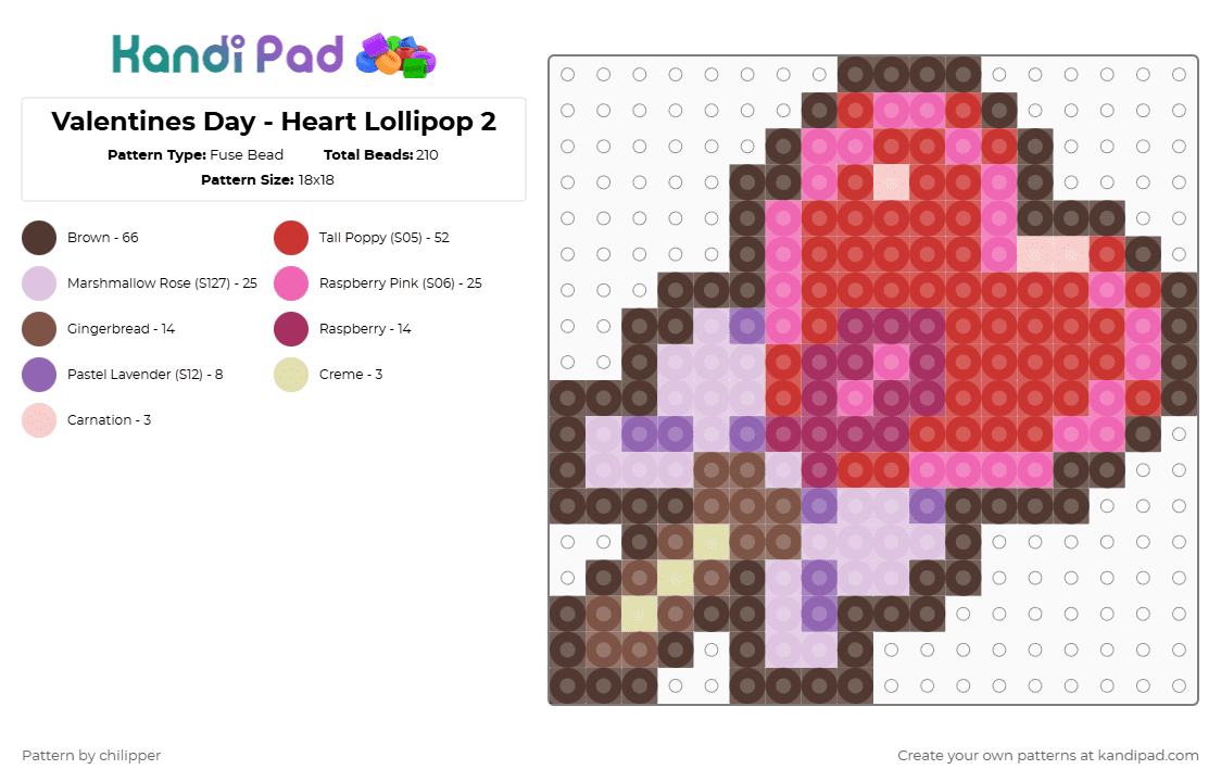 Valentines Day - Heart Lollipop 2 - Fuse Bead Pattern by chilipper on Kandi Pad - pink,red,brown,valentines,day,lollipop,heart,cute,kawaii