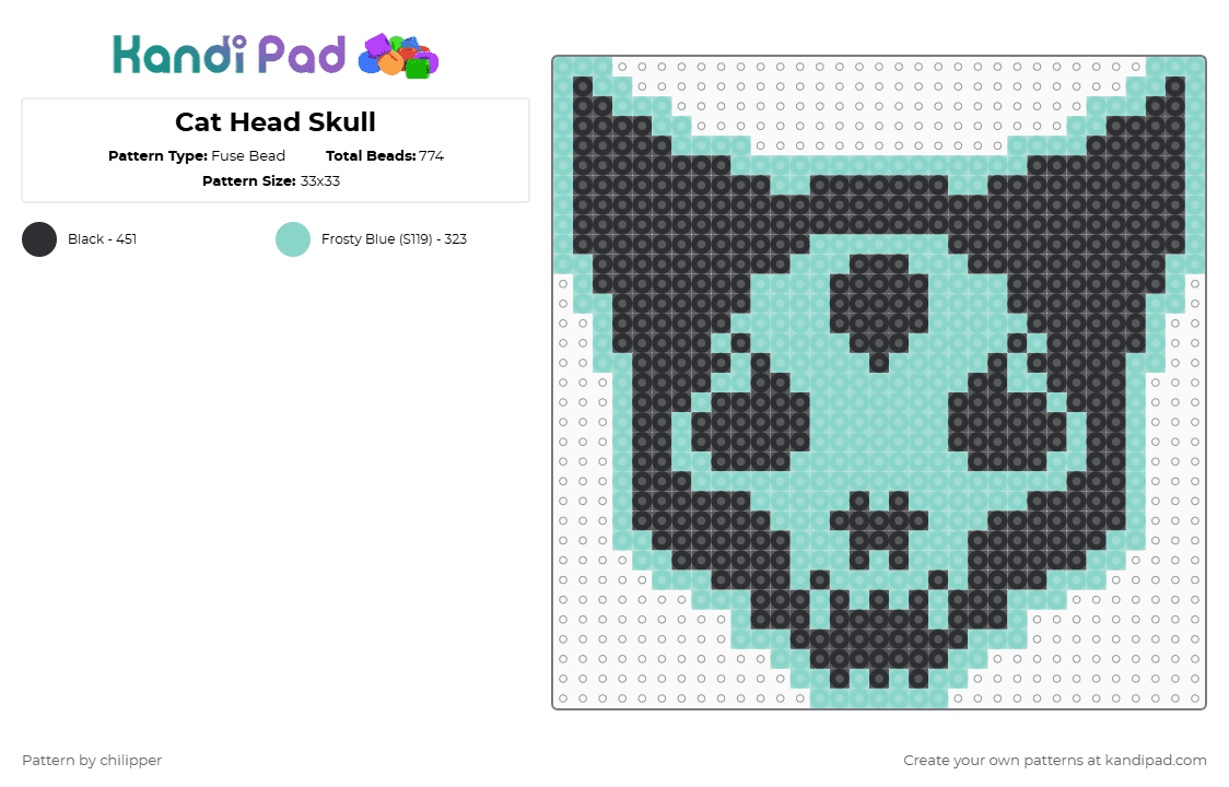 Cat Head Skull - Fuse Bead Pattern by chilipper on Kandi Pad - light blue,black,cat,skull,head,halloween,spooky,bone,bones