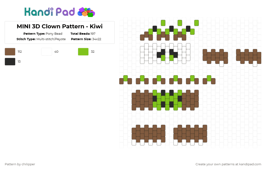 MINI 3D Clown Pattern - Kiwi - Pony Bead Pattern by chilipper on Kandi Pad - tan,3d,mini,clown,pattern,fruit,kiwi