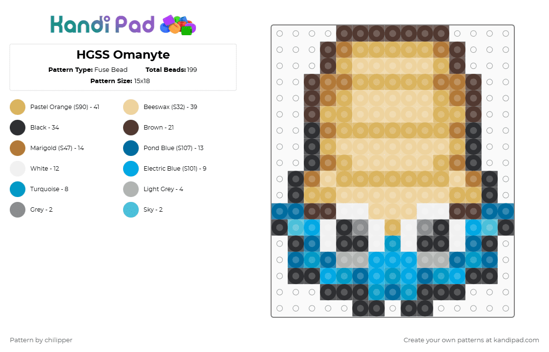 HGSS Omanyte - Fuse Bead Pattern by chilipper on Kandi Pad - beige,brown,orange,pokemon,pkmn,hgss,heart gold,soul silver,omanyte