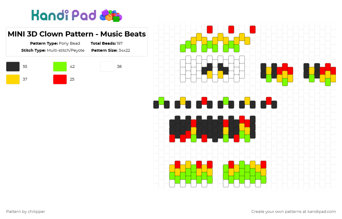 MINI 3D Clown Pattern - Music Beats - Pony Bead Pattern by chilipper on Kandi Pad - 