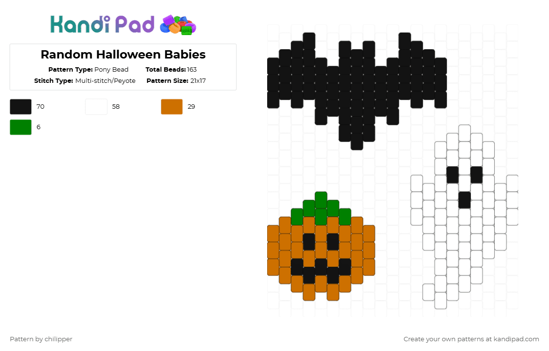Random Halloween Babies - Pony Bead Pattern by chilipper on Kandi Pad - white,orange,halloween,charm,bat,pumpkin,ghost,jackolanturn