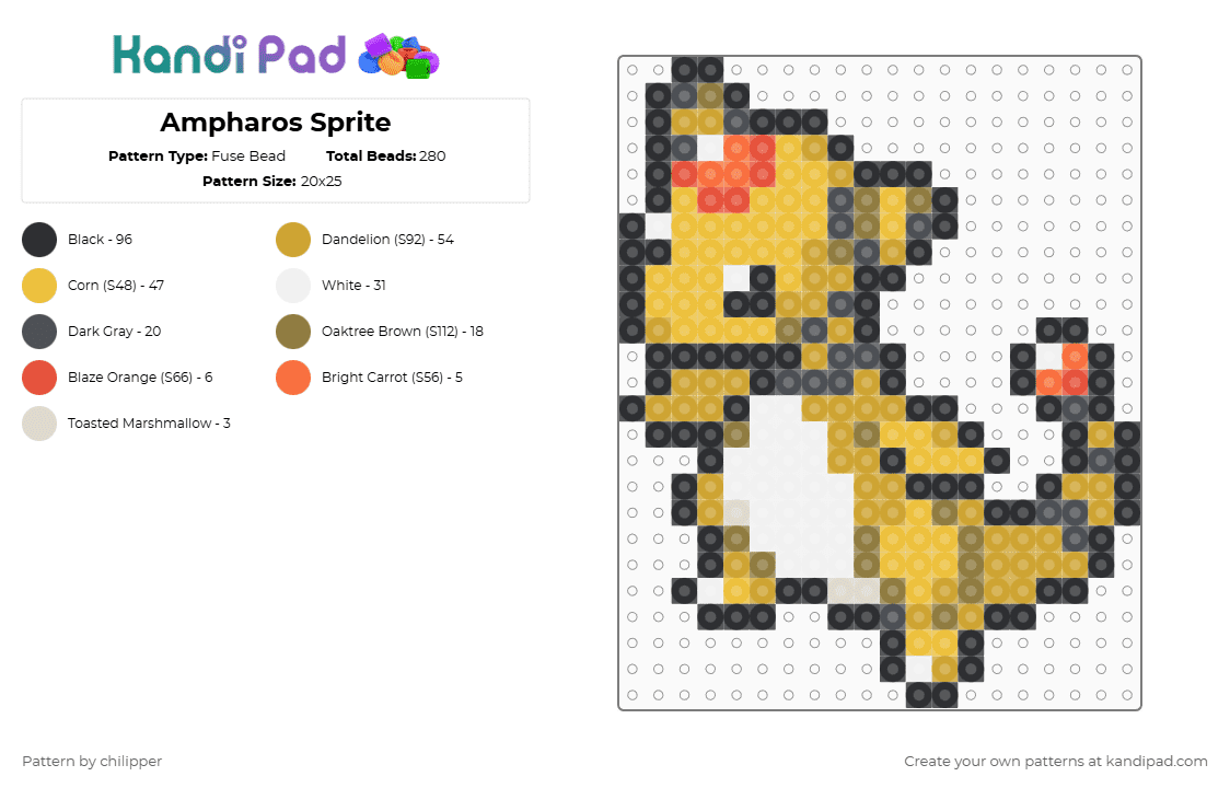 Ampharos Sprite - Fuse Bead Pattern by chilipper on Kandi Pad - orange,yellow,pokemon,pkmn,ampharos,sprite,johto