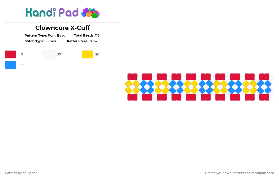 Clowncore X-Cuff - Pony Bead Pattern by chilipper on Kandi Pad - red,clown,clowncore,cuff,x cuff,primary
