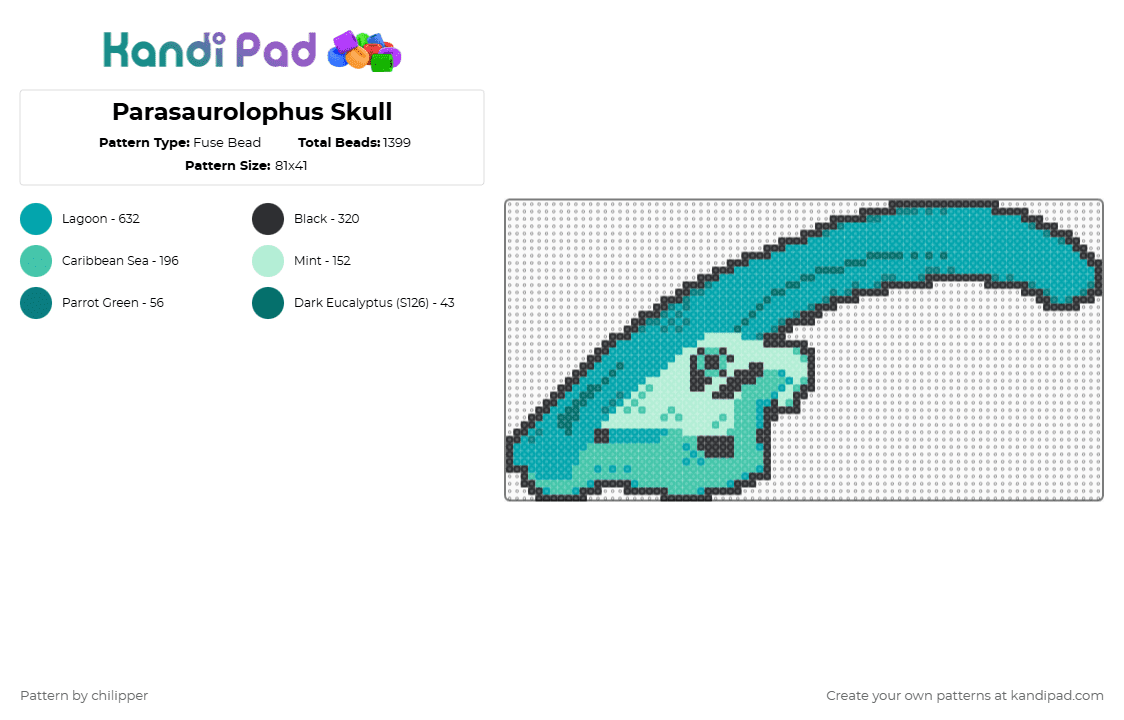 Parasaurolophus Skull - Fuse Bead Pattern by chilipper on Kandi Pad - teal,parasaurolophus,parasaur,dino,dinosaur,skull,skeleton