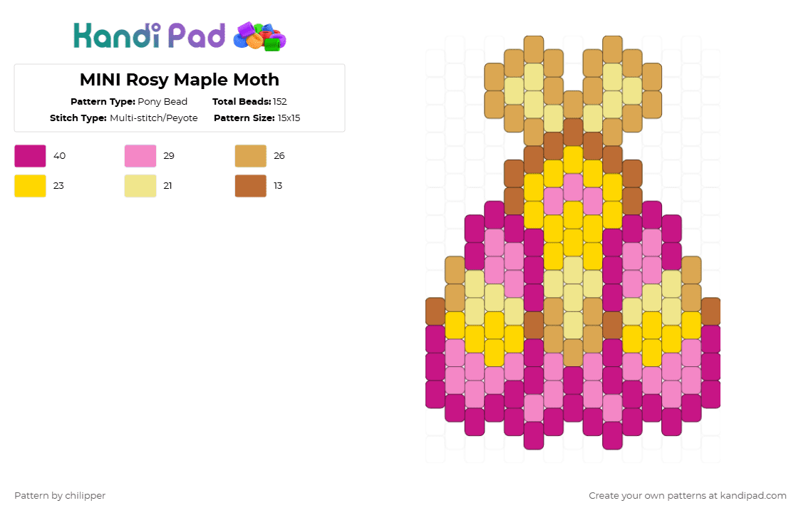 MINI Rosy Maple Moth - Pony Bead Pattern by chilipper on Kandi Pad - pink,yellow,rosy maple moth,rosy,maple,moth,bug,insect